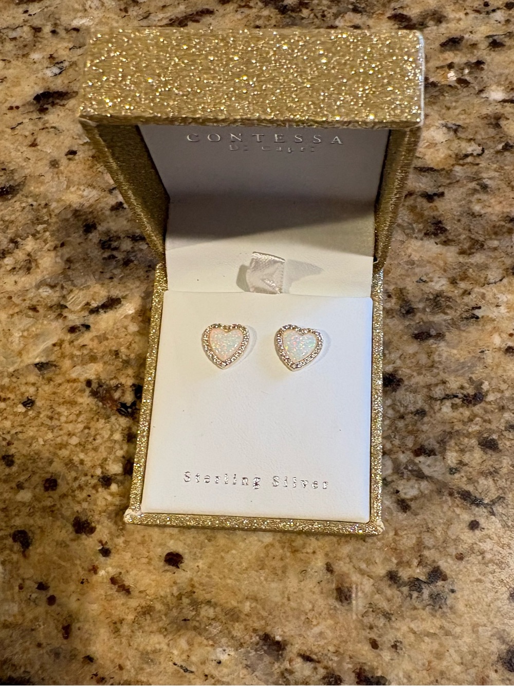 Contessa Di Capri Sterling Silver Opal Heart Stud Earrings w/Cubic Zirconia Trim